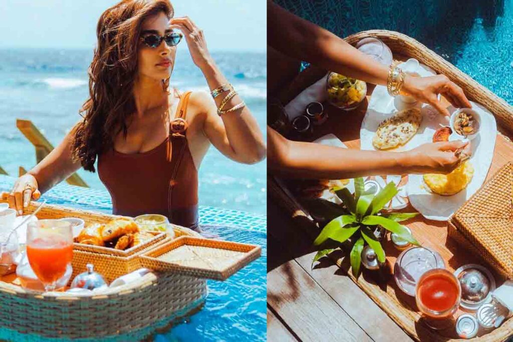 pooja hegde enjoying floating breakfast